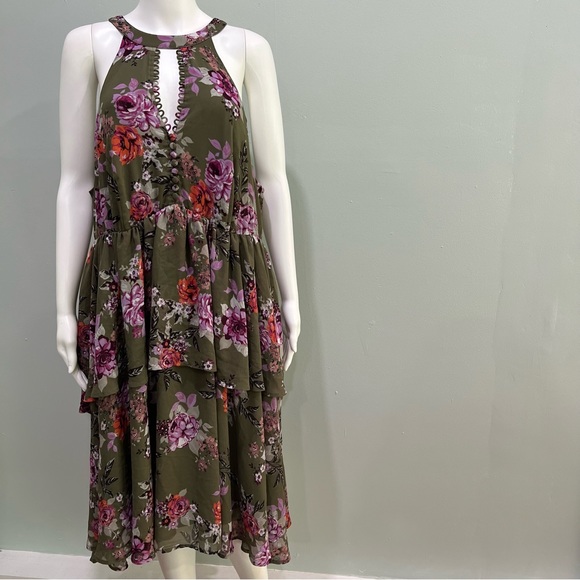 TORRID 2 Dress 2X  Green Floral Sleeveless Buttons Ruffle Chiffon 18 20 - Picture 1 of 7